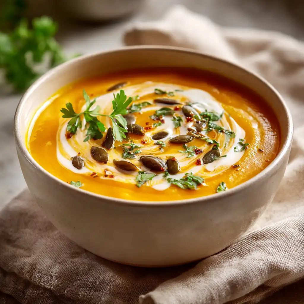 Butternut squash potage served with pumpkin seeds and herbs