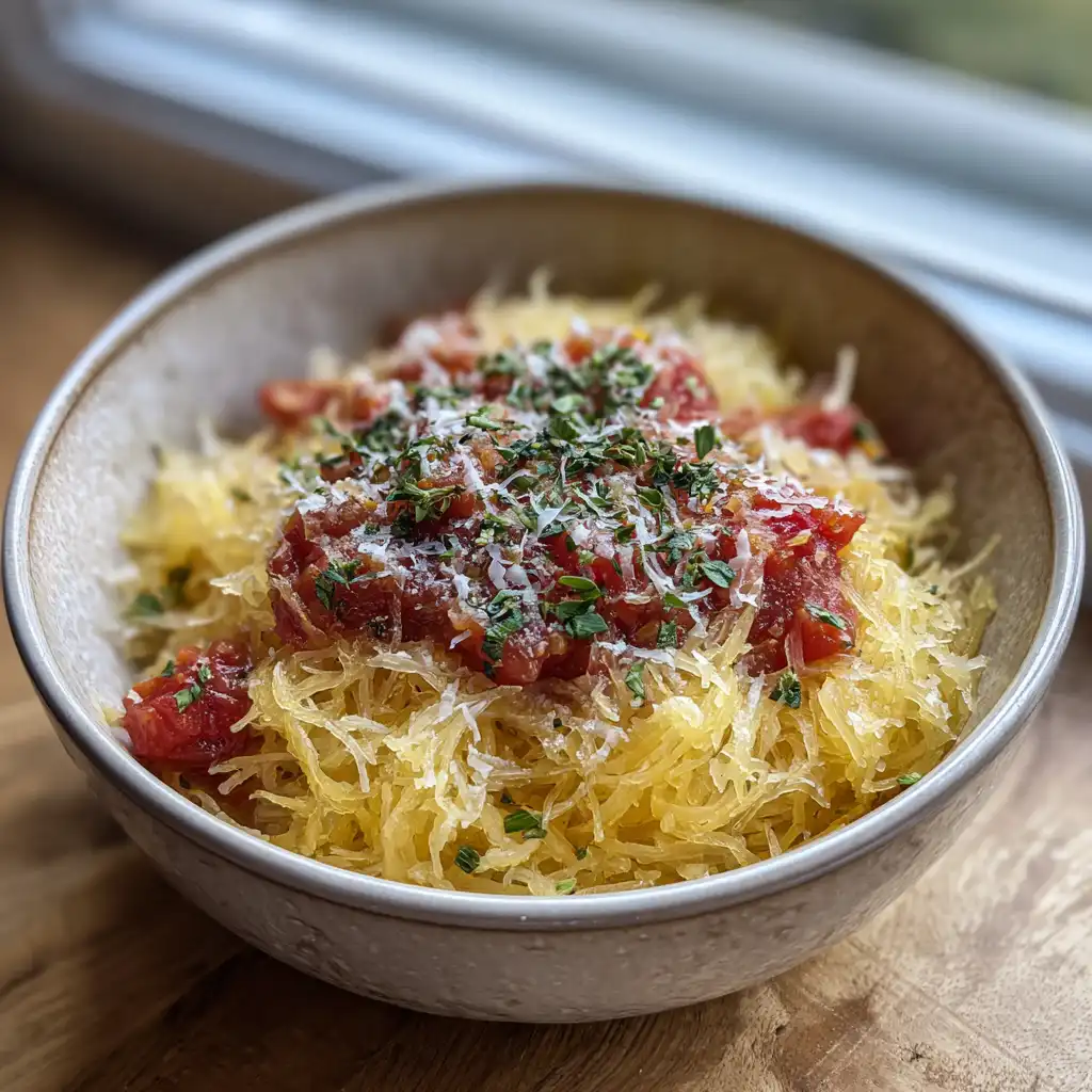 Spaghetti squash bowl with tomato sauce and herbs