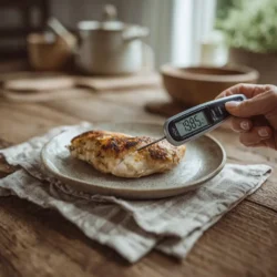 Checking the temp of cooked chicken with a digital thermometer