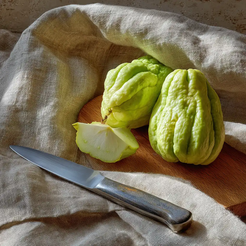 peeling chayote fruit on cutting board