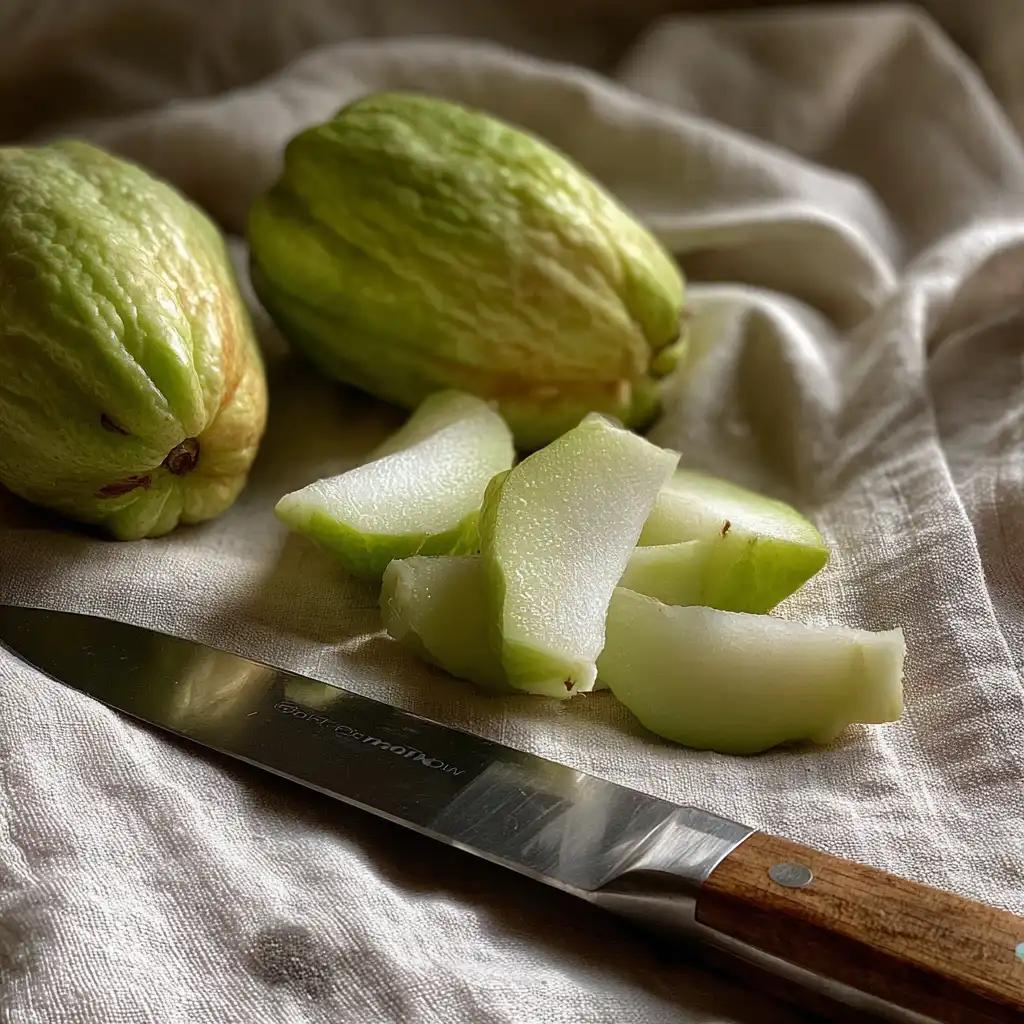 peeling and slicing chayote for cooking