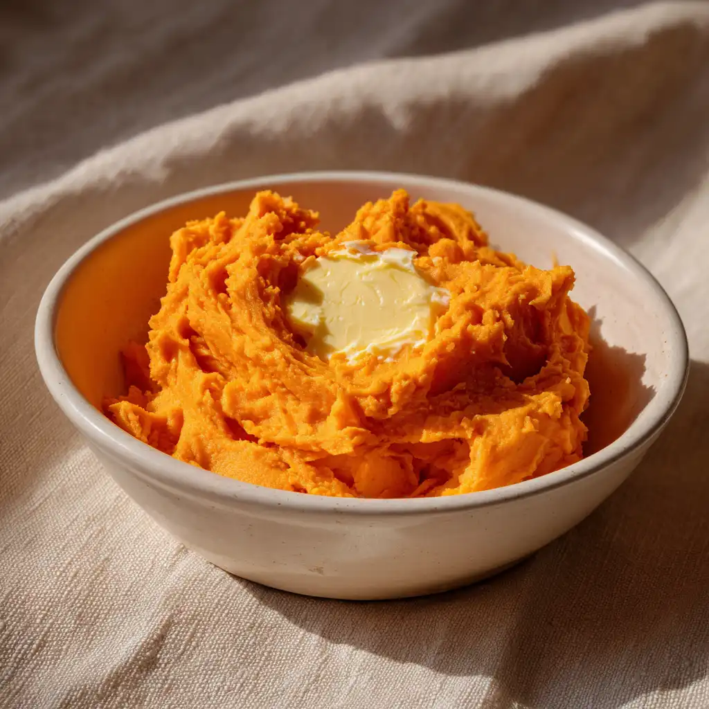 smooth mashed sweet potatoes in mixing bowl