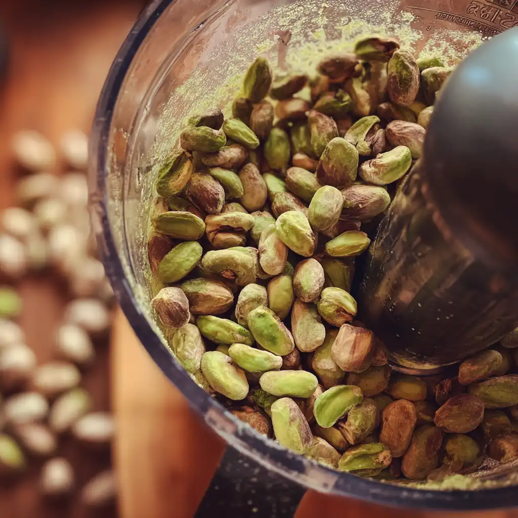 blending peeled pistachios for pistachio cream recipe