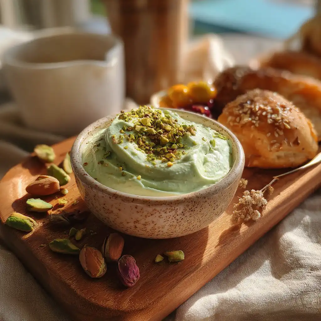 pistachio cream served with pastries and fruit