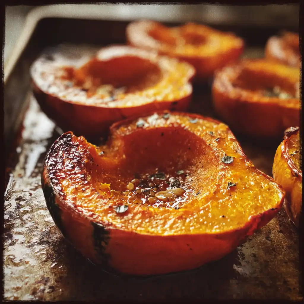 Roasted squash pieces on a baking sheet