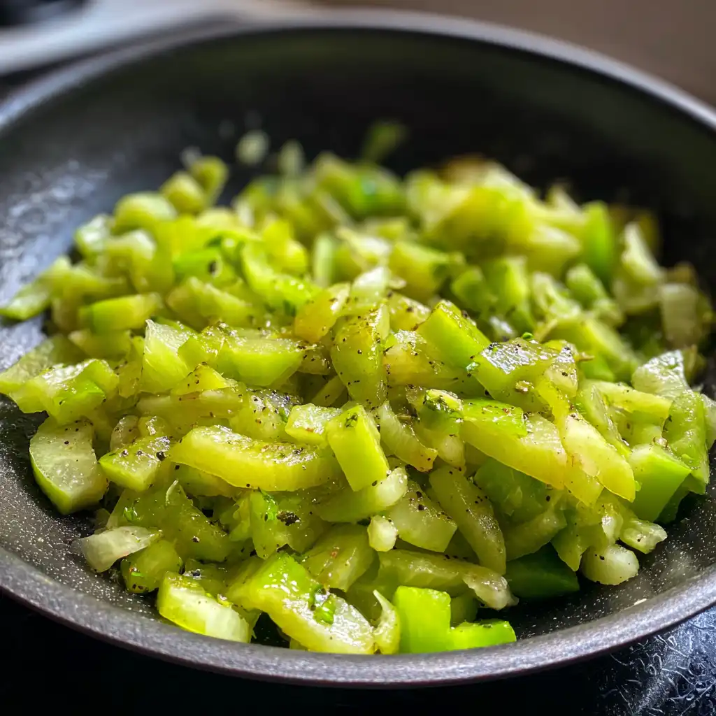 Chayote sautéed in a warm pan