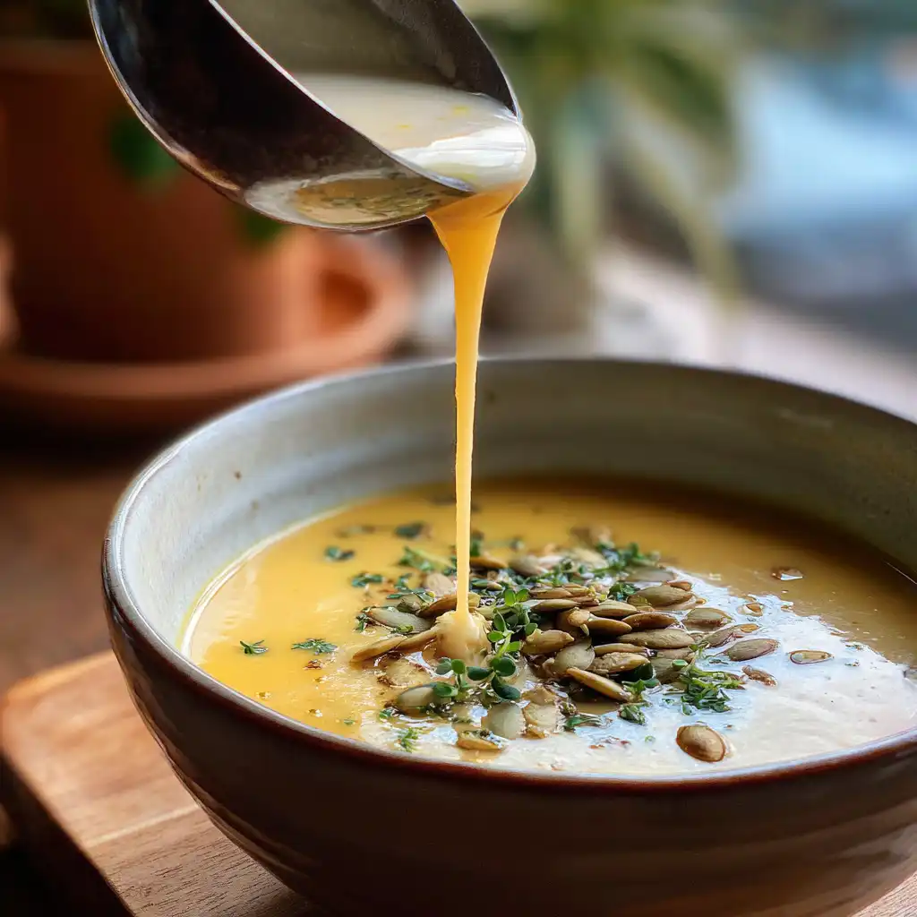 Ladle pouring buttermilk squash soup into a ceramic bowl