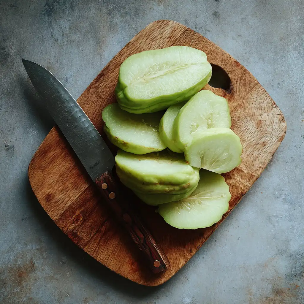 Sliced chayote prepared on cutting board