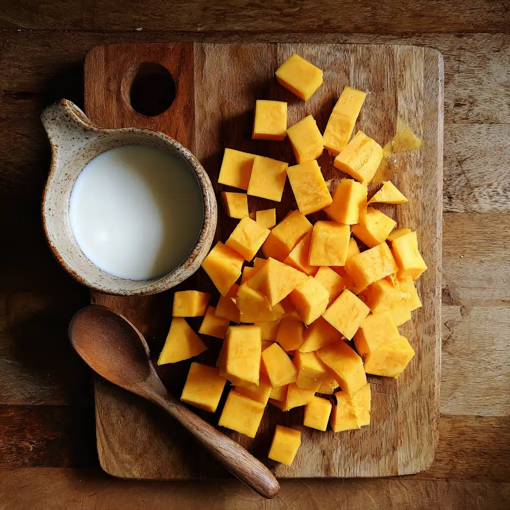 Cubed squash and buttermilk ready for soup preparation