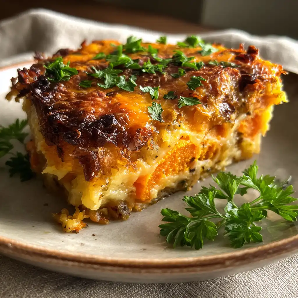 slice of sweet tater casserole served on plate