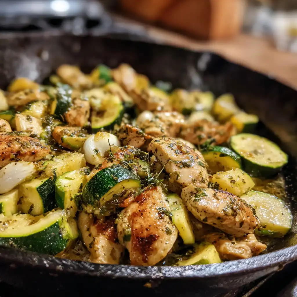 chicken and zucchini cooking in skillet