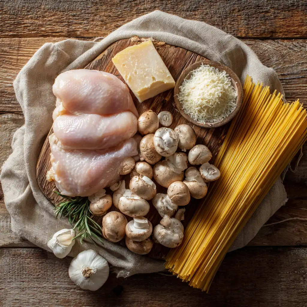 Ingredients for creamy garlic mushroom chicken pasta