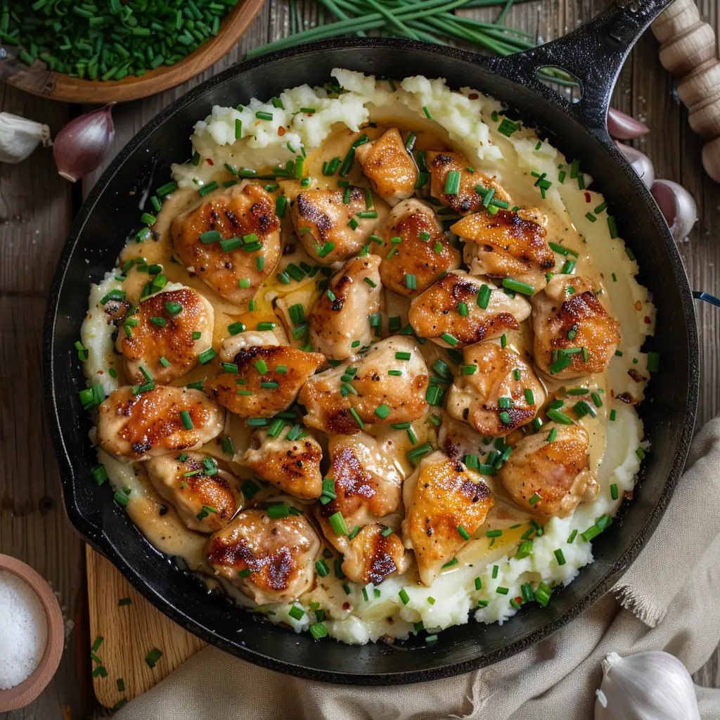 garlic butter chicken bites skillet recipe final dish