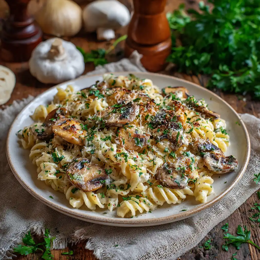 Plated creamy garlic mushroom chicken pasta garnished with parsley