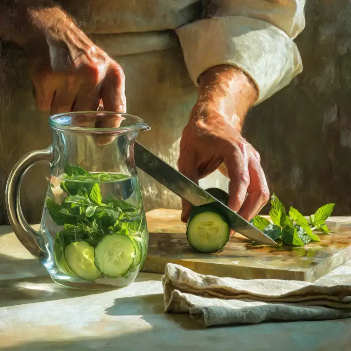 Action shot of hands using a glossy silver knife to slice a fresh cucumber on a clean board. A clear glass pitcher holds fresh mint sprigs. A beige cloth napkin placed under the plate